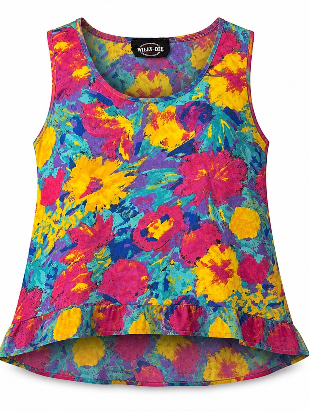 Vintage WILLY-DEE Bright Floral High Low Ruffle Tank Top Medium